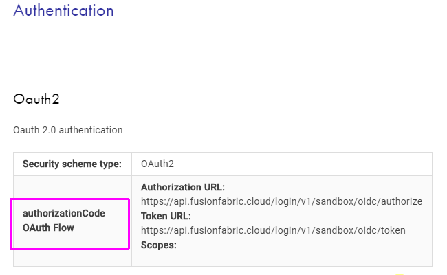 The specification of the Authorization Code grant flow in the API documentation