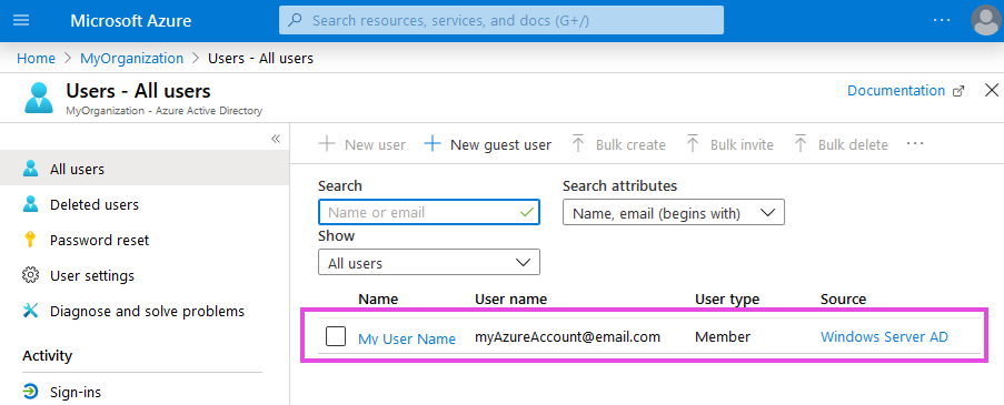 Search for your Azure account.
